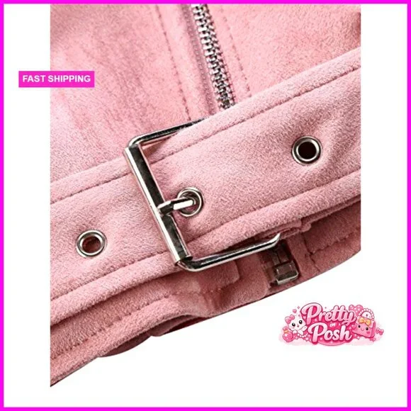 Faux Leather Suede Moto Jacket Sherpa-Lined Overcoat with Removable Belt - Picture 6 of 7